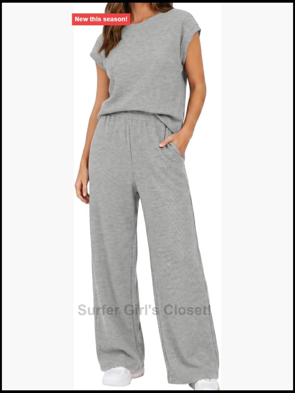 Waffle Knit 2 Piece Lounge Set Cap Sleeve Top Wide Leg Pants